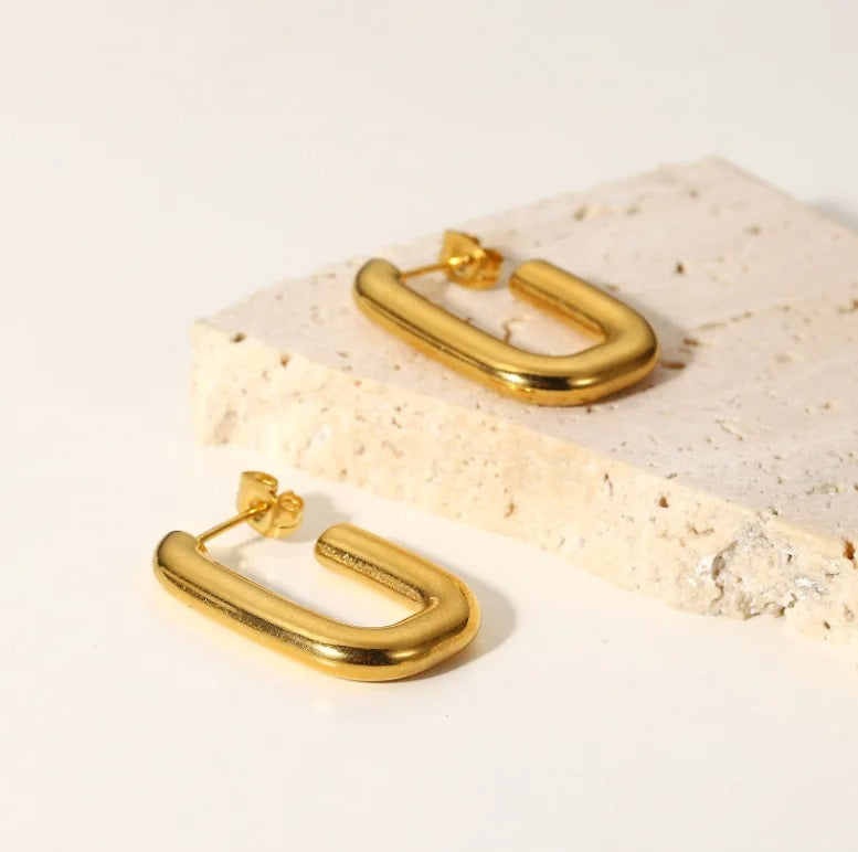 Gold Cut Link Earrings shining brightly on a stone surface.