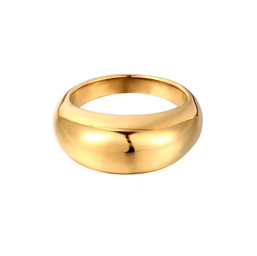 A closeup of a curved smooth golden signet ring on a white background.