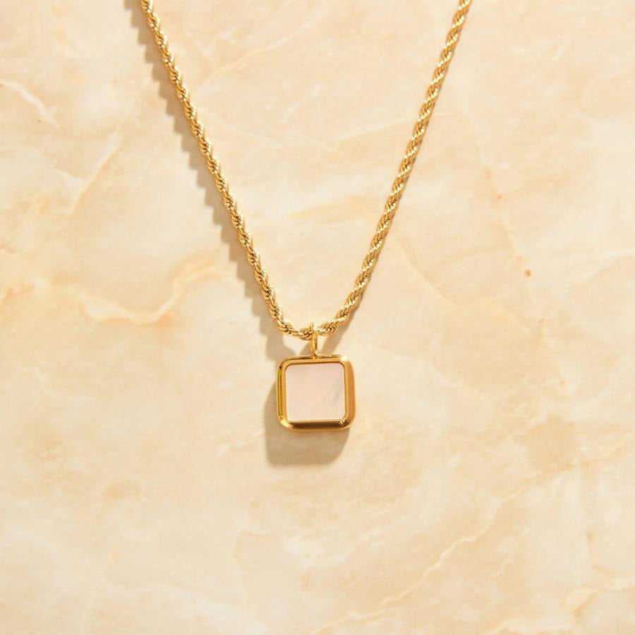 Gold Square Black White Square Pendant Necklace