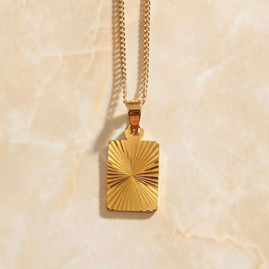 Gold Sunburst Square Pendant Necklace