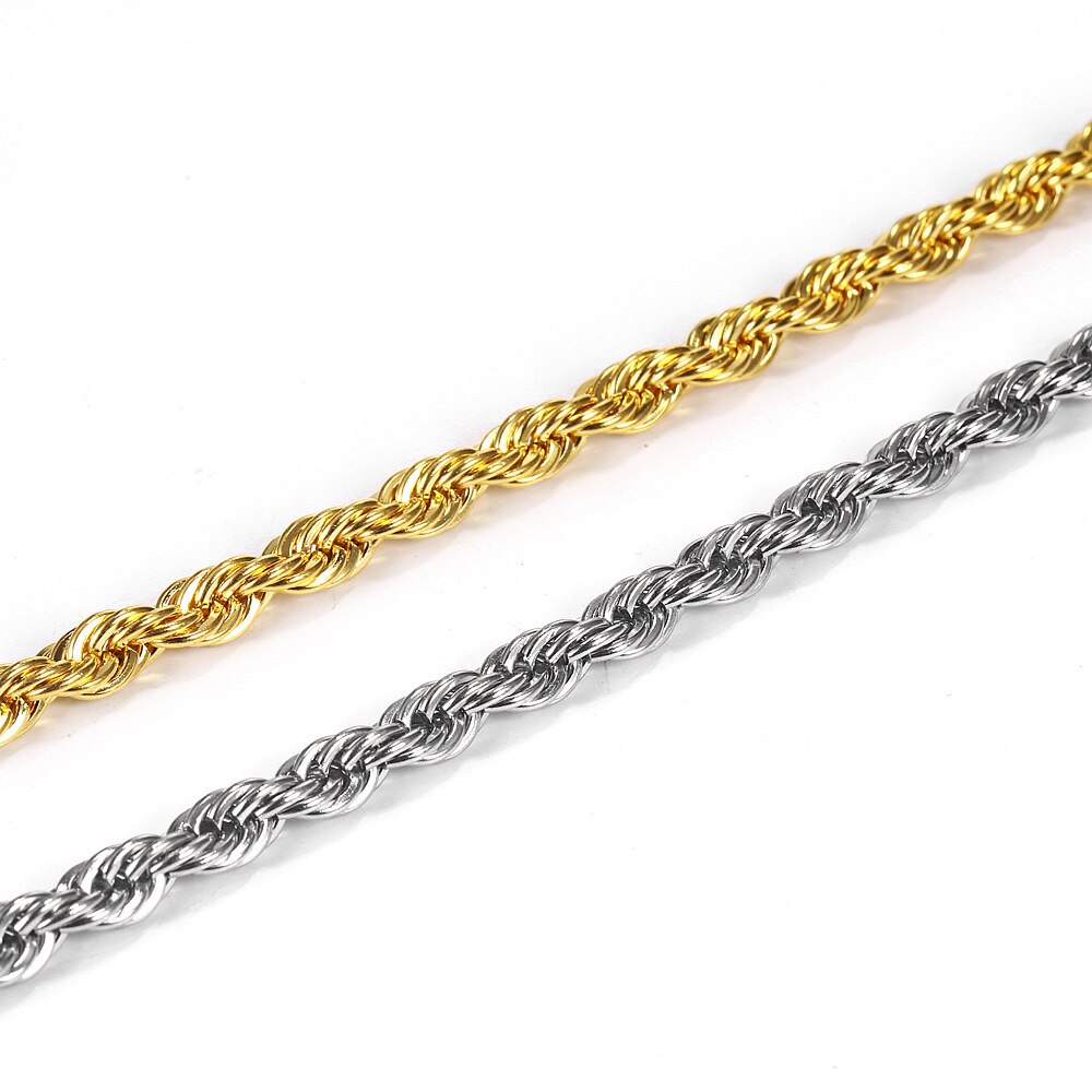 Gold and Steel versions of the Gold Thick Rope Chain Link Bracelet both shining on a white background. 