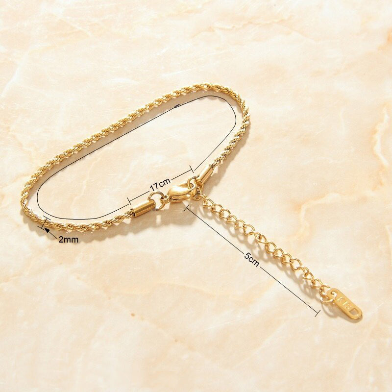 Gold Thin Rope Chain Link Bracelet showing measurements in millimetres.